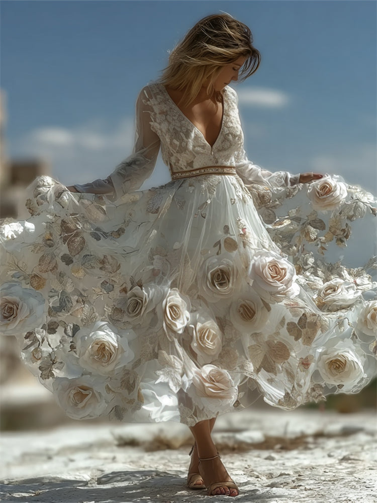 Classy White Roses Glitter Fiber Art Flowy Maxi Dress