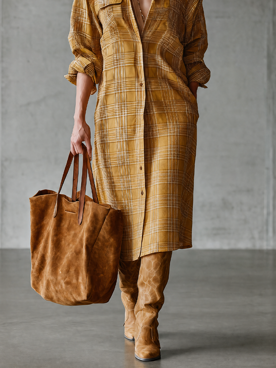 Effortless Chic Oversized Checkered Tunic Midi Dress