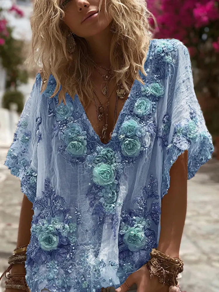 Vintage Pink Rose Embroidery Linen Short Sleeve T-shirt
