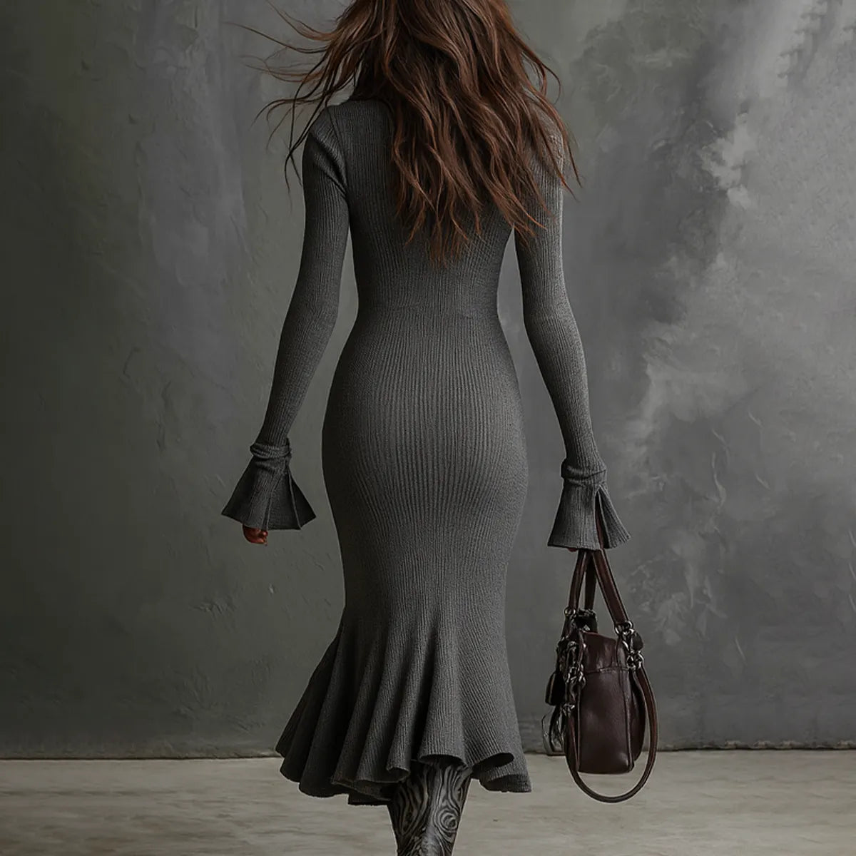 Retro Zipper Neck Trumpet Sleeve Knitted Midi Dress