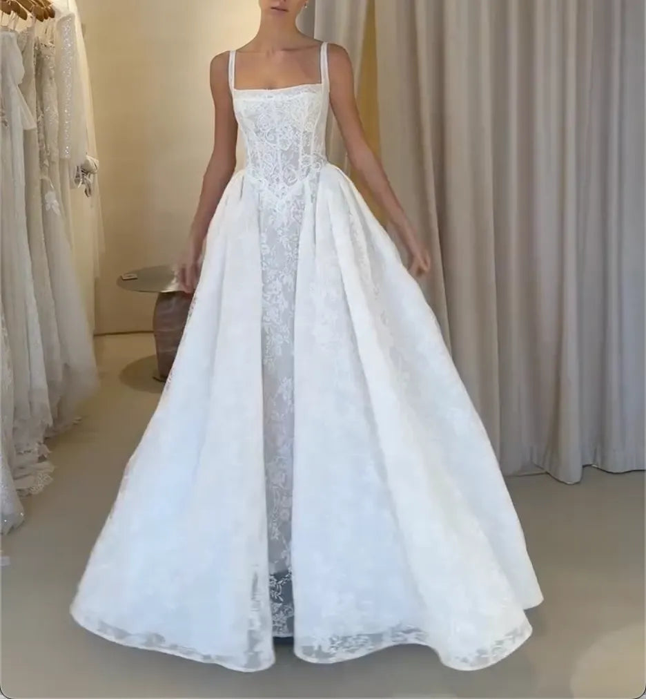 Square Neck Spaghetti Strap Lace Ballgown Wedding Dress Sheer Corset Front Slit Bridal Gown