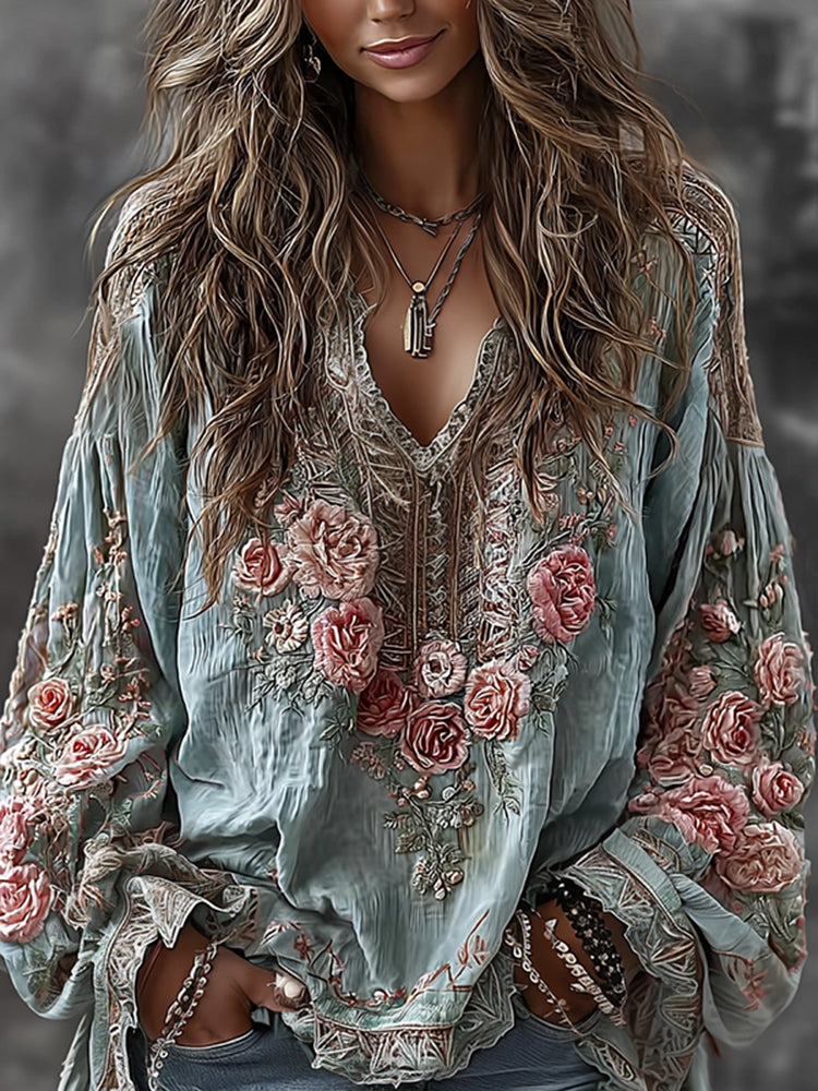 Women's Retro Floral Embroidered Art Print Flowy Linen Blend Casual Tops