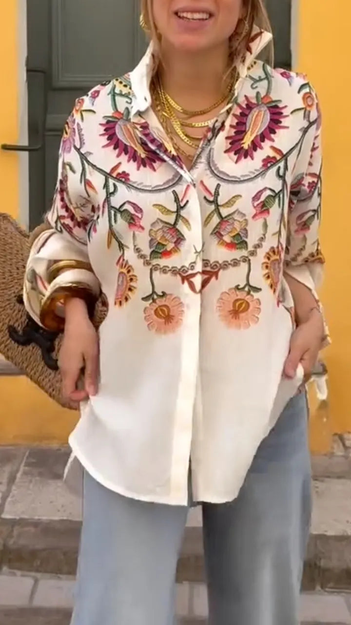 Women's Printed Casual Shirt with Turn-down Collar