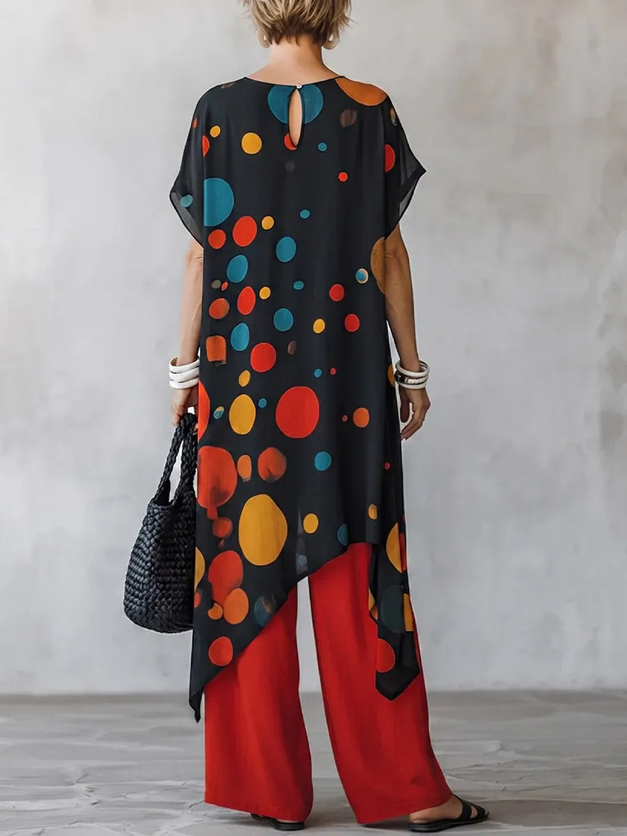Women's Casual Two-piece Set: Geometric Print Round-neck Short-sleeve Loose Chiffon Top & Solid Color High-waisted Cotton-linen Wide-leg Pants