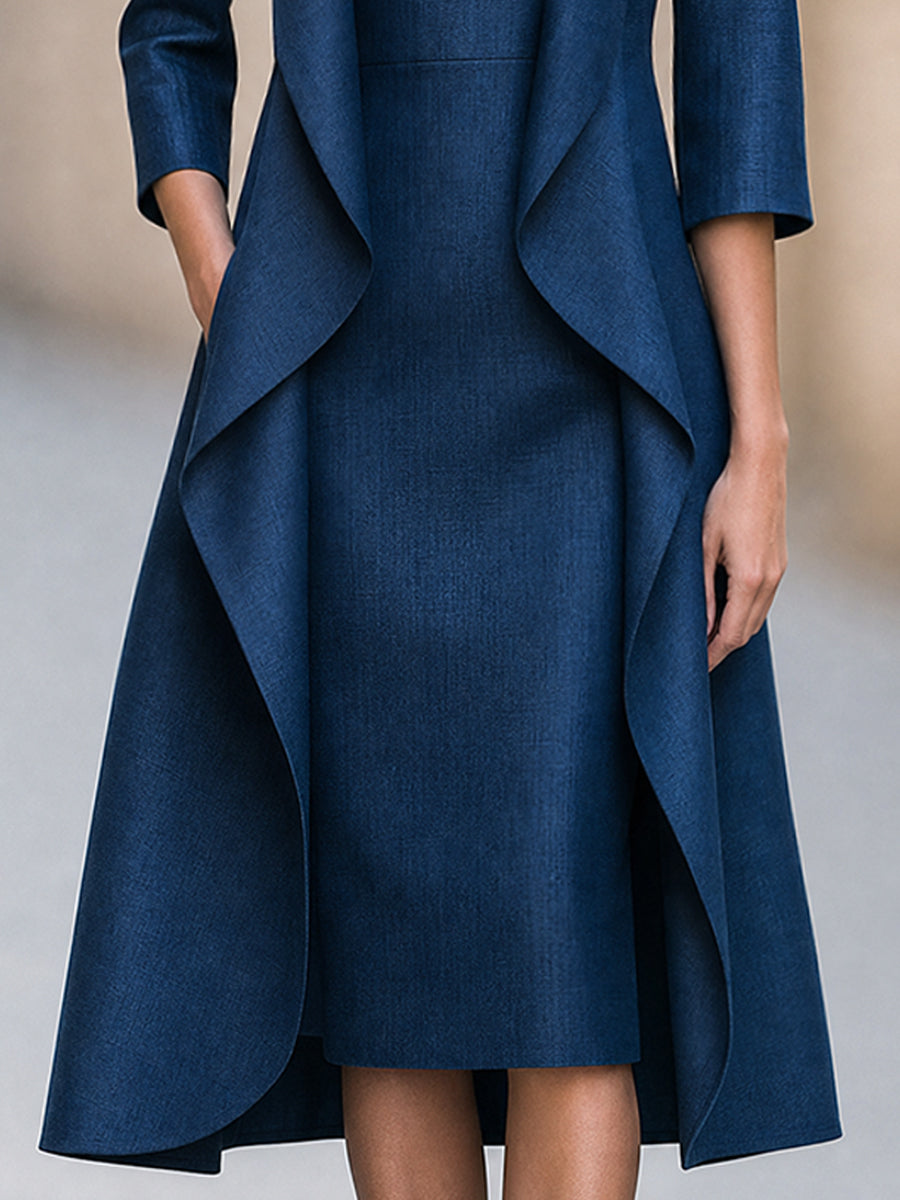 Two-Piece Set: Waterfall-Style Layered Cardigan-Effect Dress With Slim-Fit V-Neck Midi Dress