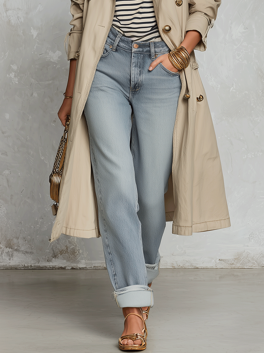 Effortless Chic Cotton-Twill Double-Breasted Belted Khaki Longline Trench Coat