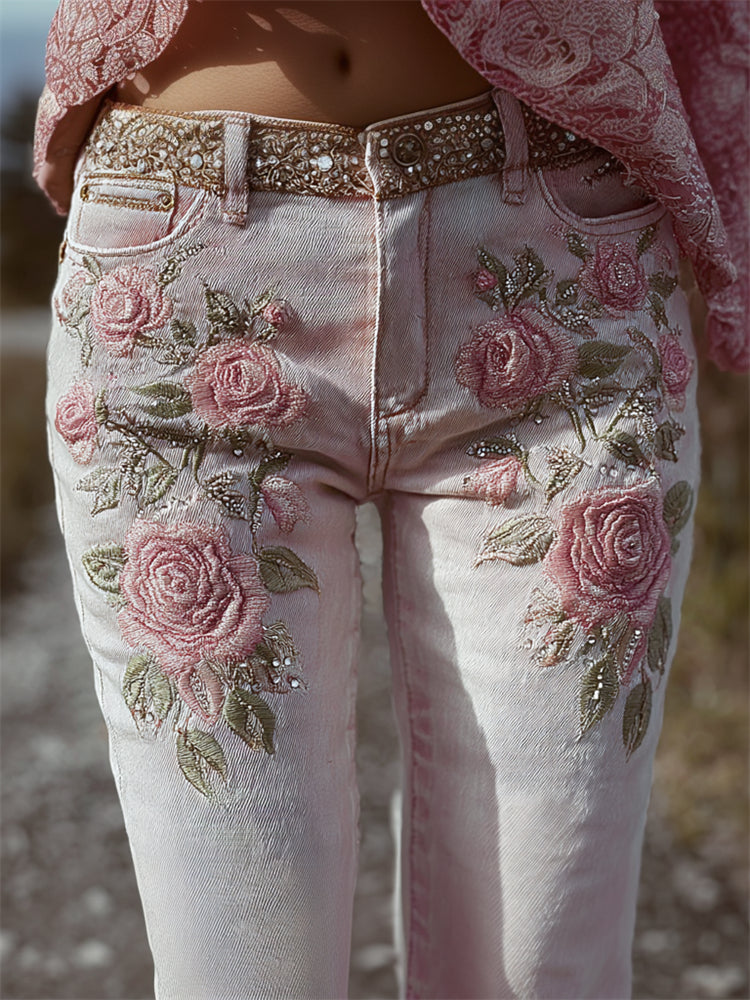 Vintage Pink Roses Glitter Embroidered Skinny Jeans