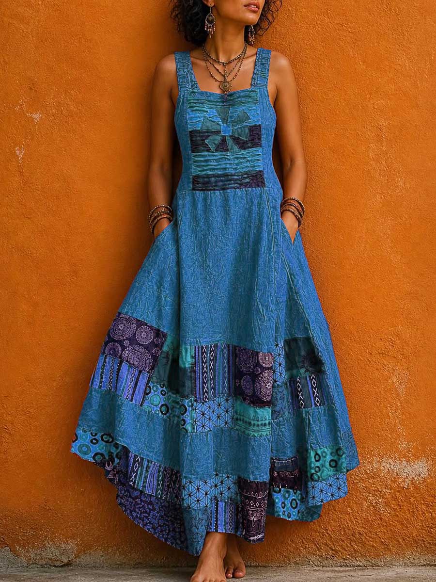 Women's Vintage-print Square-neck Sleeveless Loose-fit Cotton-linen Casual Dress
