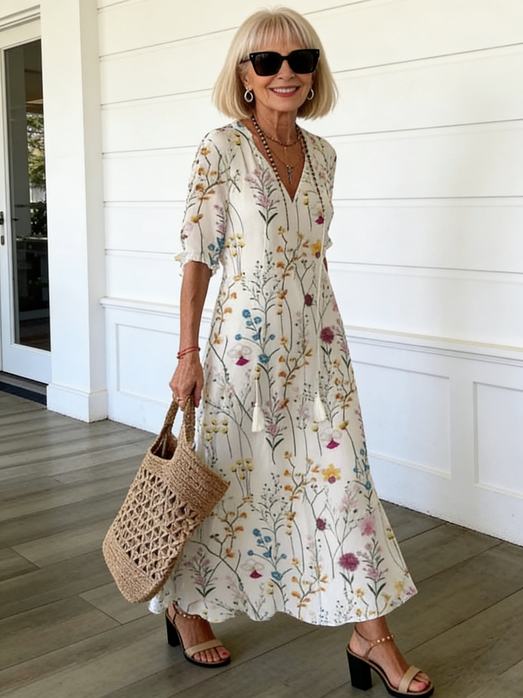 Half Sleeve Floral Print Summer Fall V Neck Casual Geometric Printed Dress