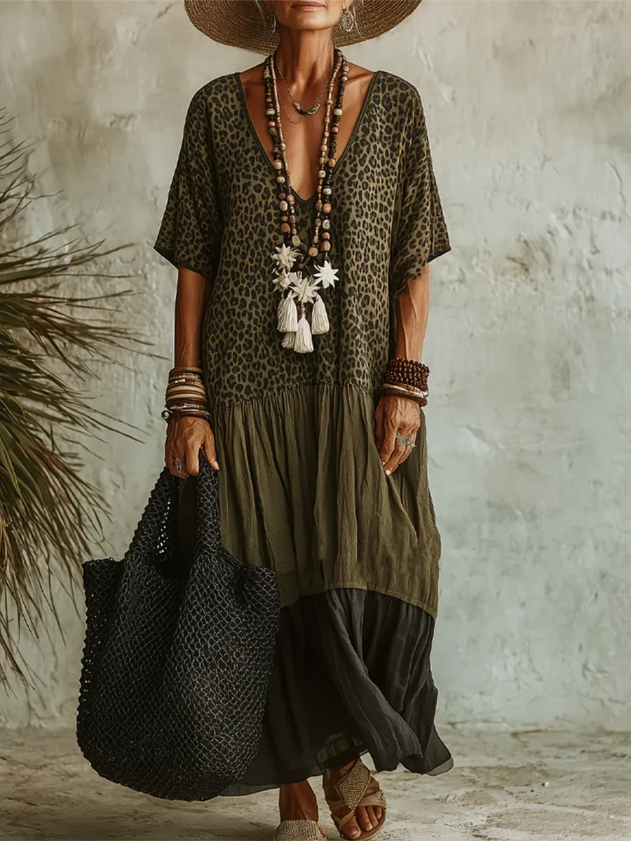 Casual Leopard-print Spliced chiffon & Cotton Dress