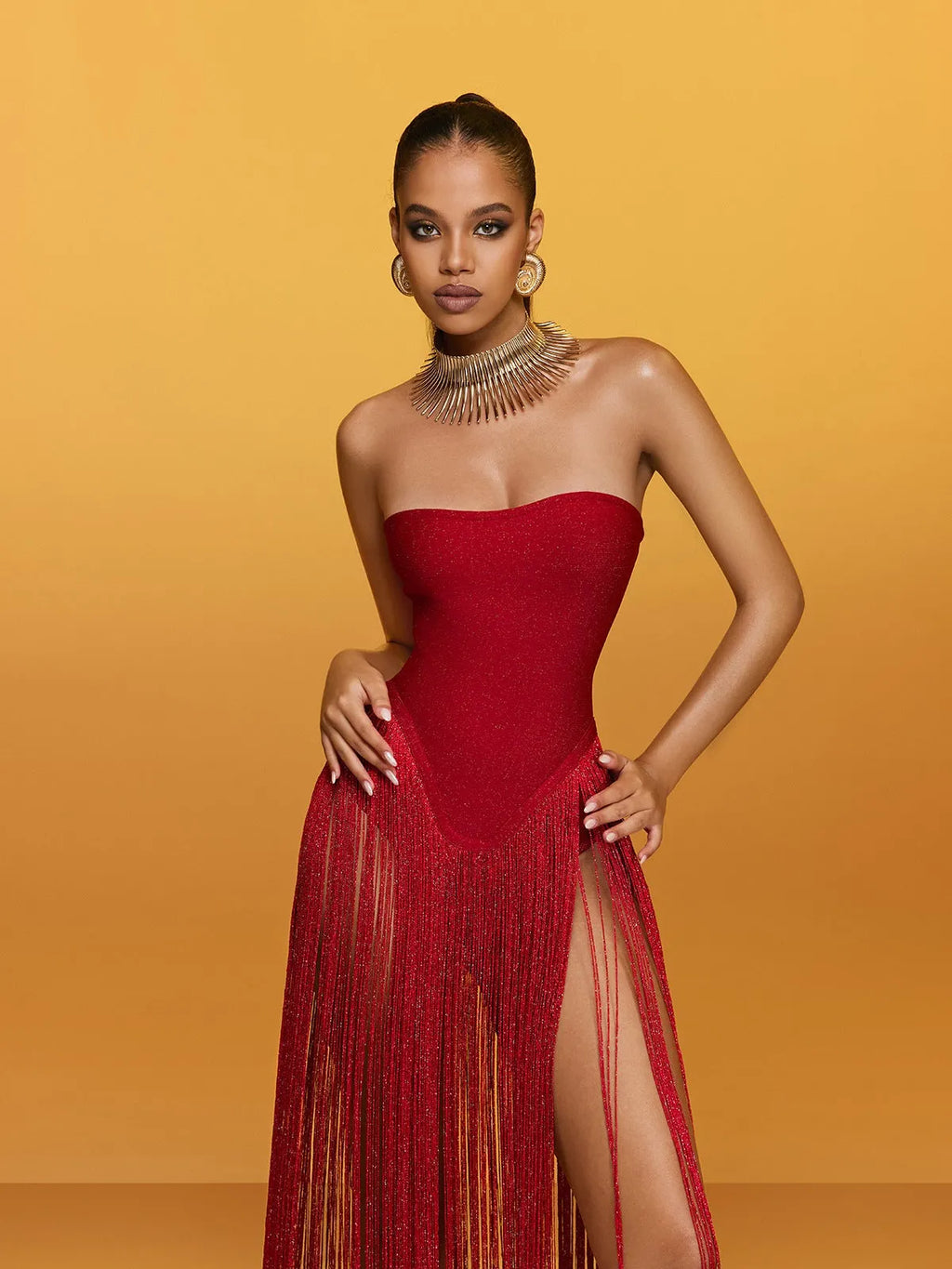 Rendor Strapless Fringe Bandage Maxi Dress