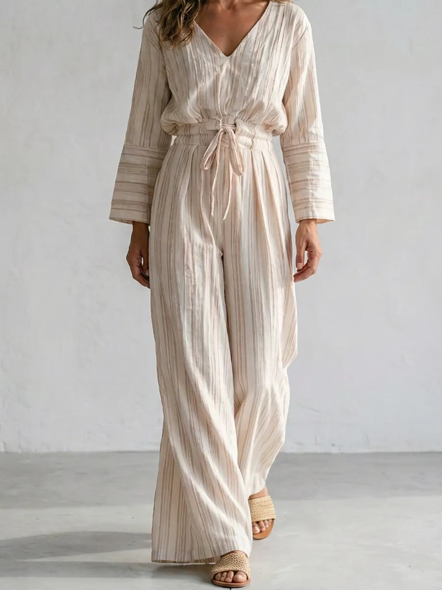 Boho Cotton Drawstring Waist Wide Leg Palazzo Jumpsuit
