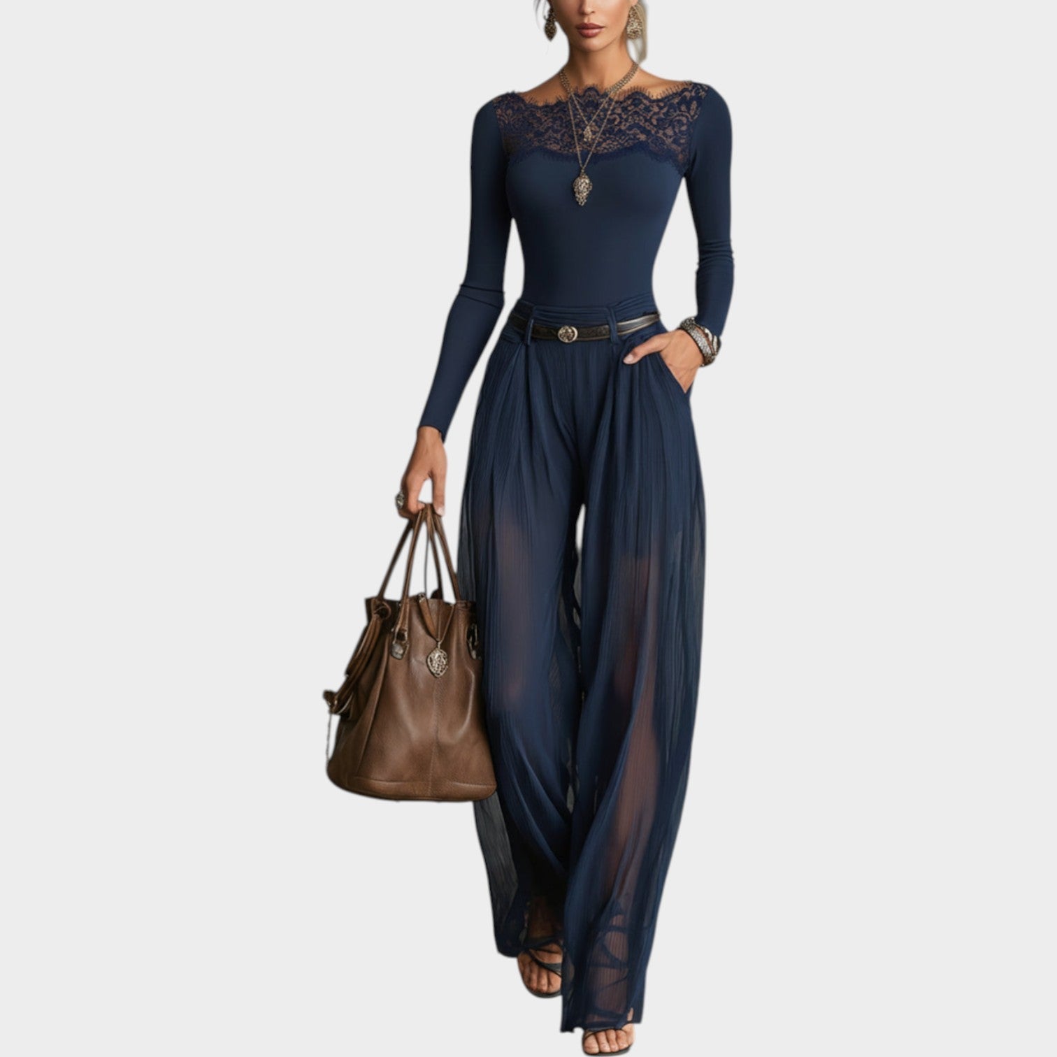 Sheer Wide-Leg Jumpsuit with Lace Detail