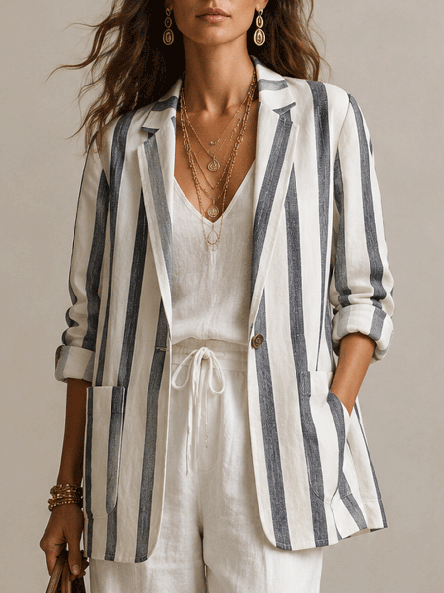 Effortless Linen Blend Oversized Ivory Pinstripe Suit Blazer