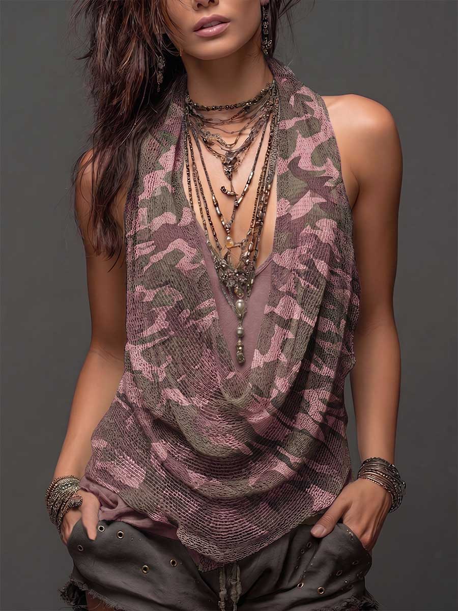 Women's Cowl-neck Sleeveless Camouflage-print Mesh Top — Casual & Loose Fit