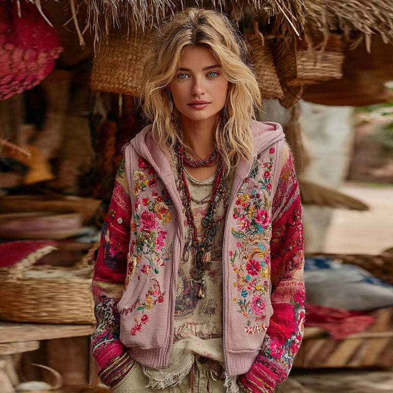 Women's Bohemian Floral Embroidery Art Casual Zipper Hoodie
