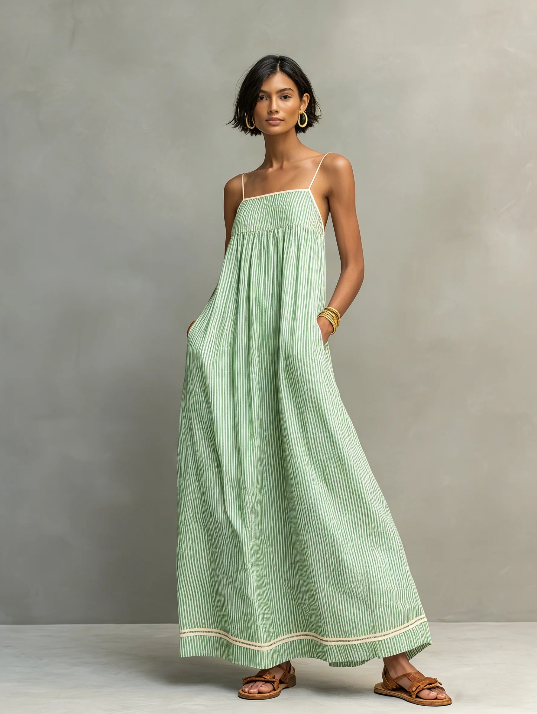 Striped Linen Spaghetti Strap Maxi Dress with Pockets