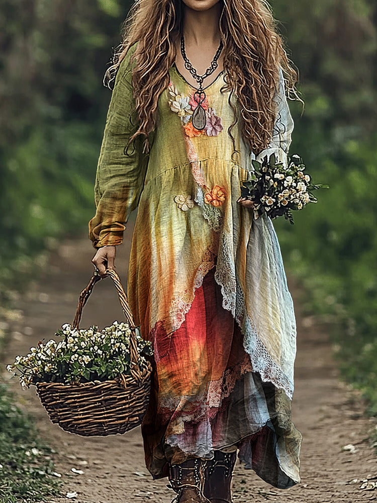 Women's Vintage Gradient Floral Patchwork Comfy Midi Dress