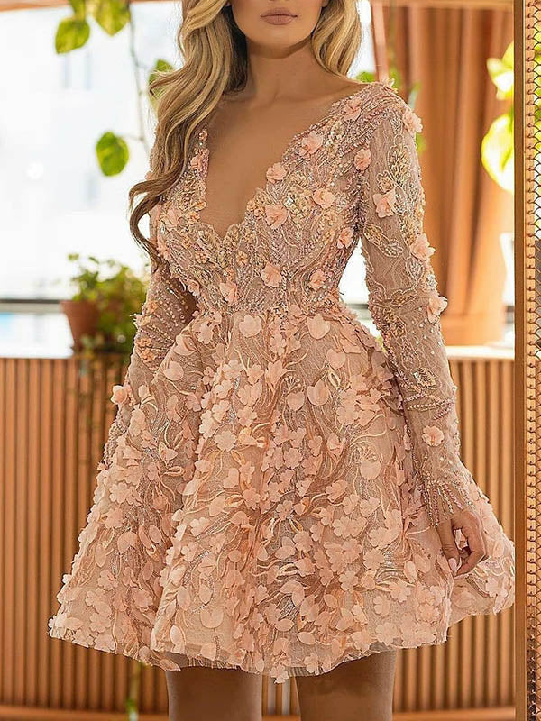 Stylish V-Neck Long Sleeve Jacquard A-Line Evening Mini Dress