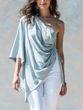 Elegant Light Blue One-Shoulder Draped Asymmetric Top