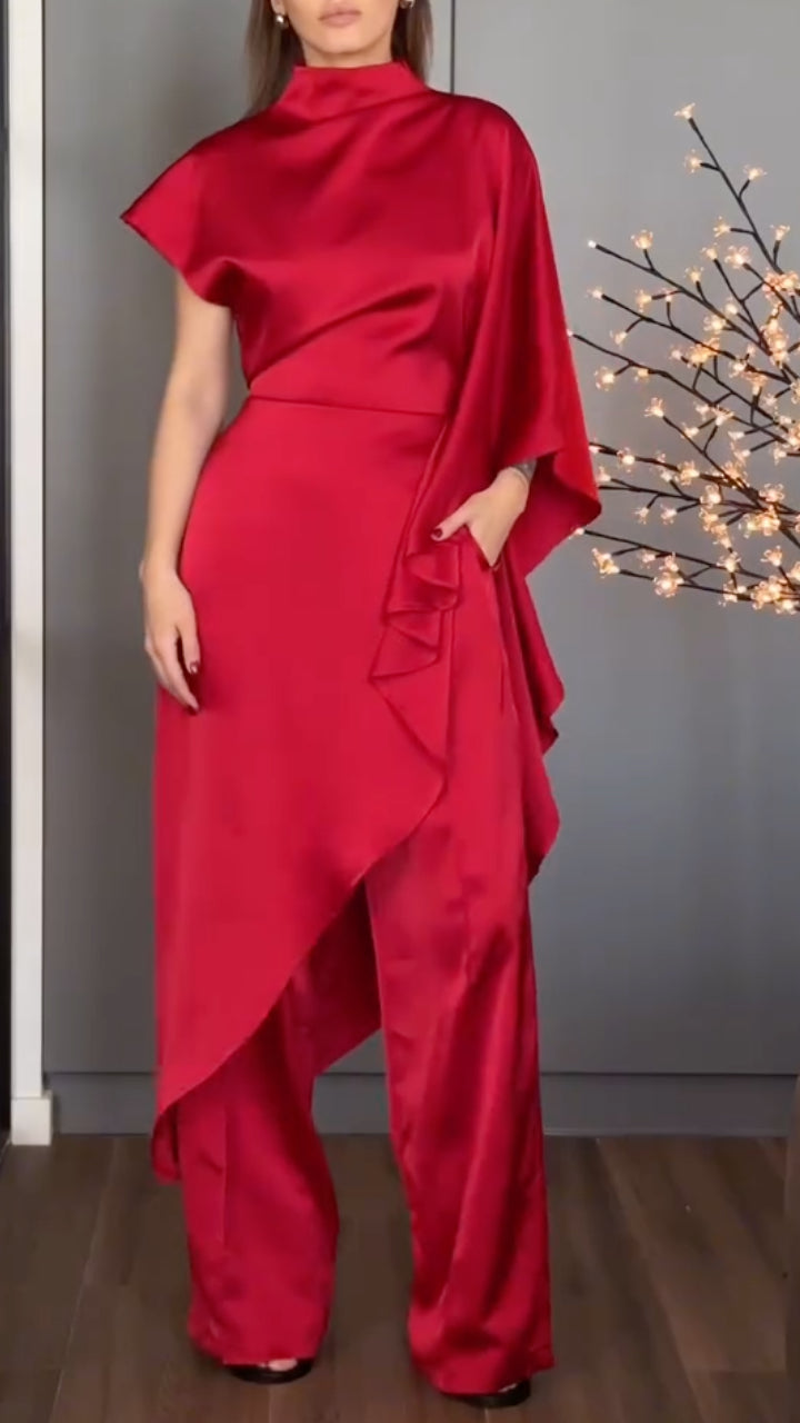 High Neck Cape Top with Wide Leg Pants for Formal Set