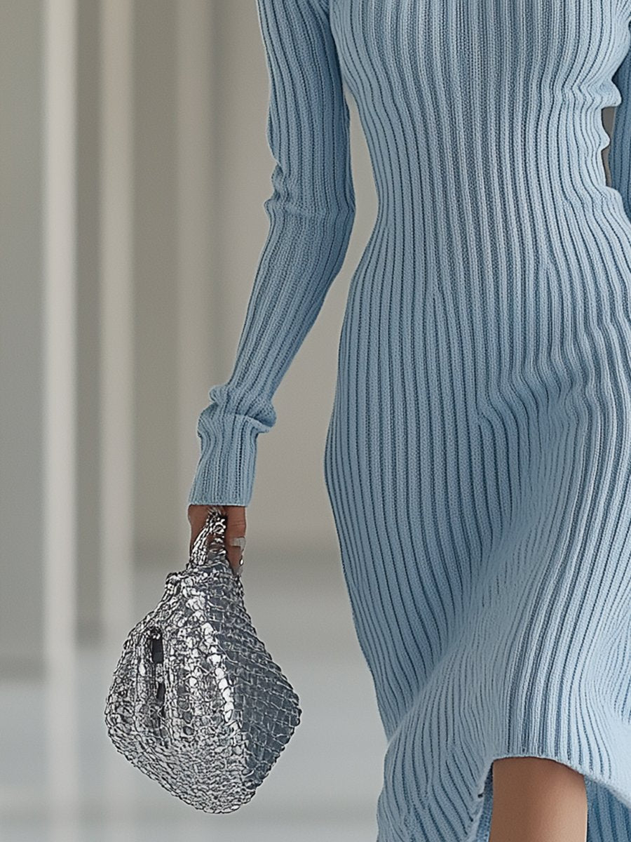 [24-hour shipping out]Fashion Long-sleeved Knitted Off-shoulder Haze Blue Midi Dress