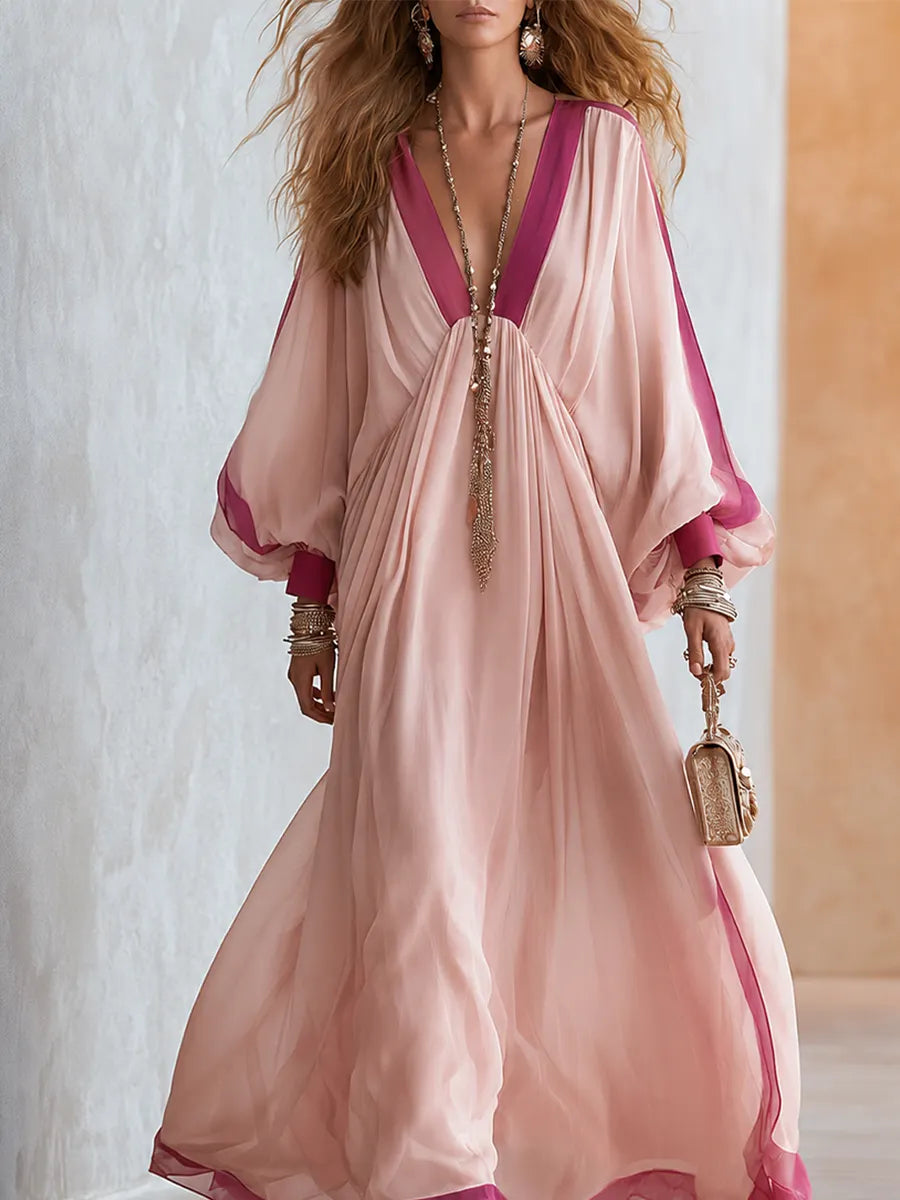 Bohemian Pink Color-blocked Maxi Dress
