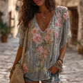 Women's Retro Boho Pink Floral Embroidered Art V-neck Short Sleeve T-shirt