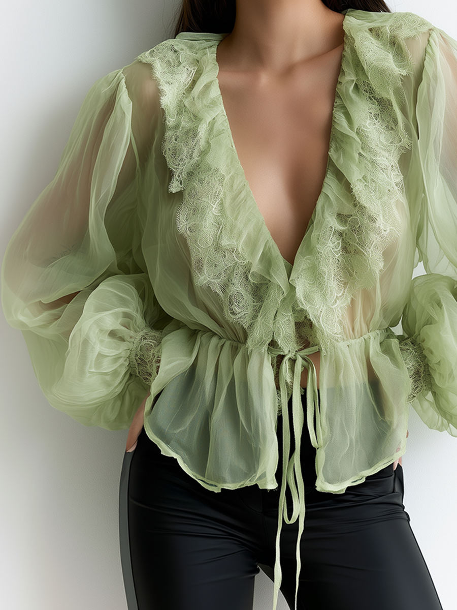 Elegant Organza Deep V-Neck Ruffled Slimming Top