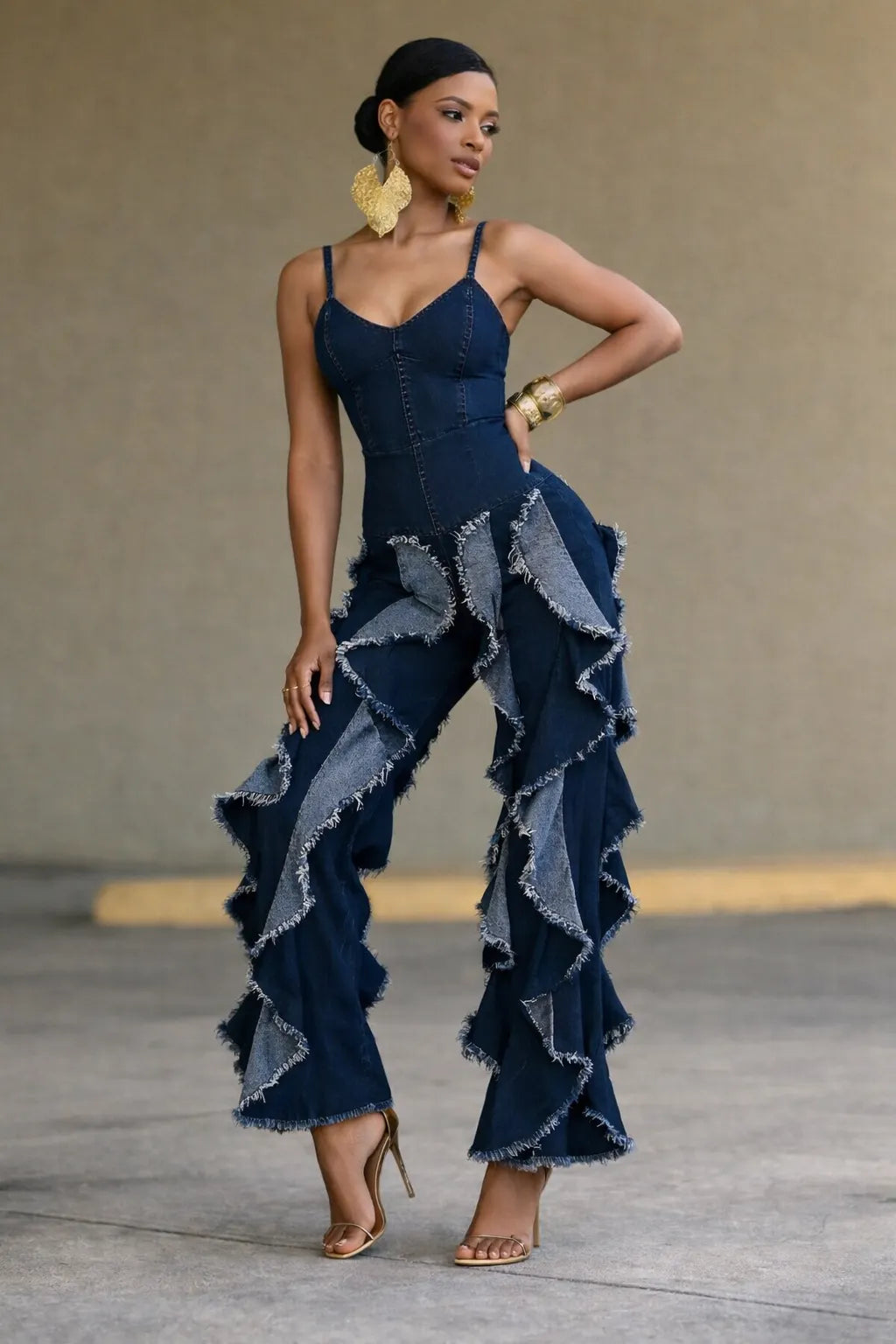 Dark Blue Denim Ruffle Wide Leg Jumpsuit