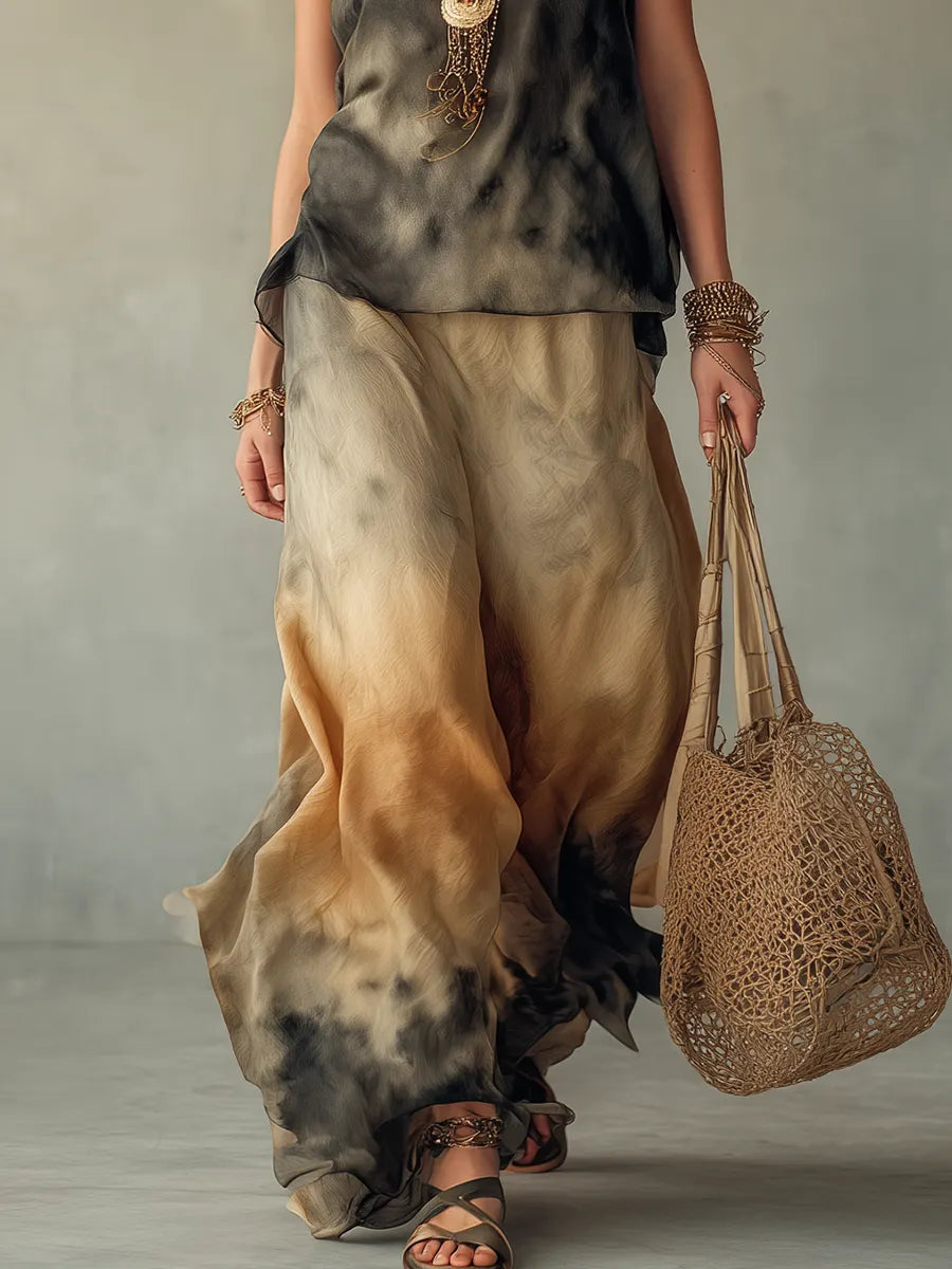 Ink Wash Print Suspender Wide Leg Suit