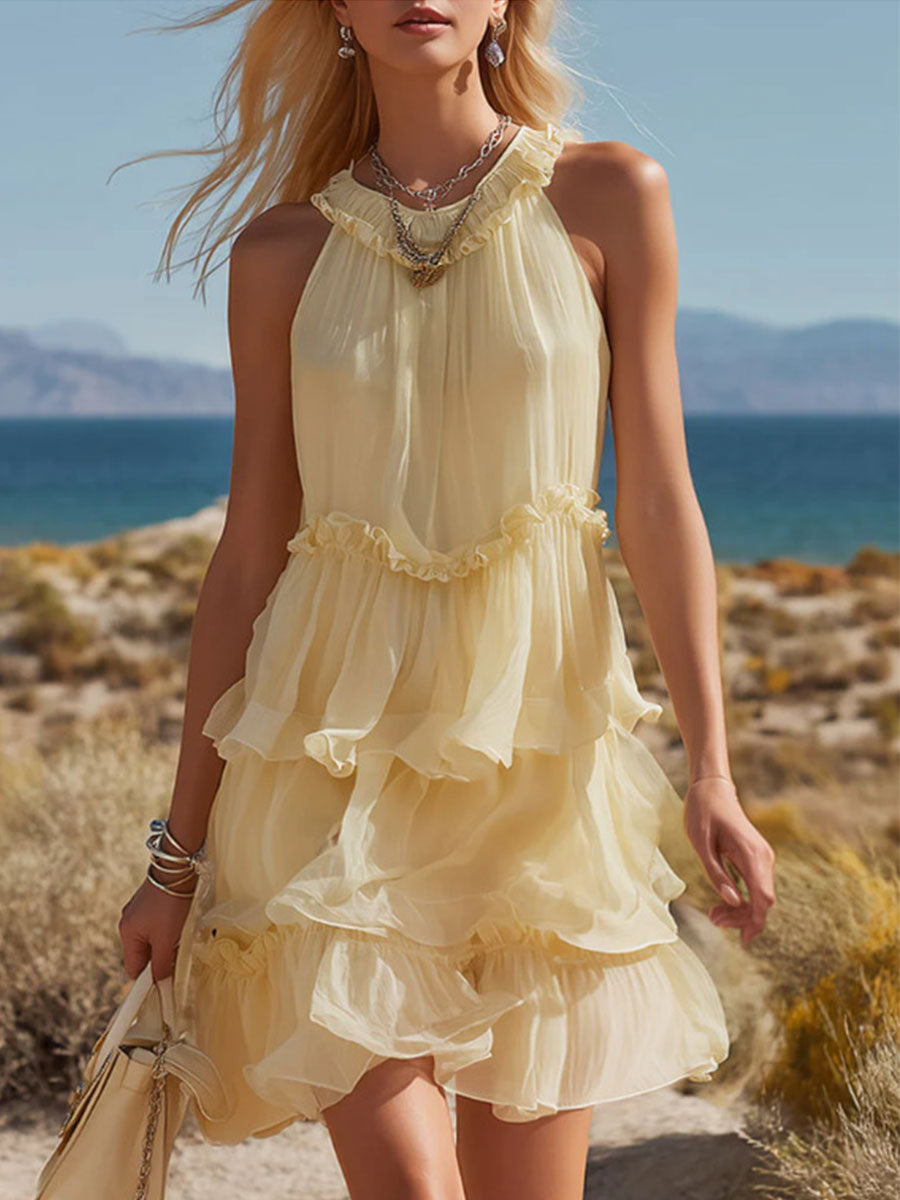 Women's Pale Yellow Layered Chiffon Mini Skirt