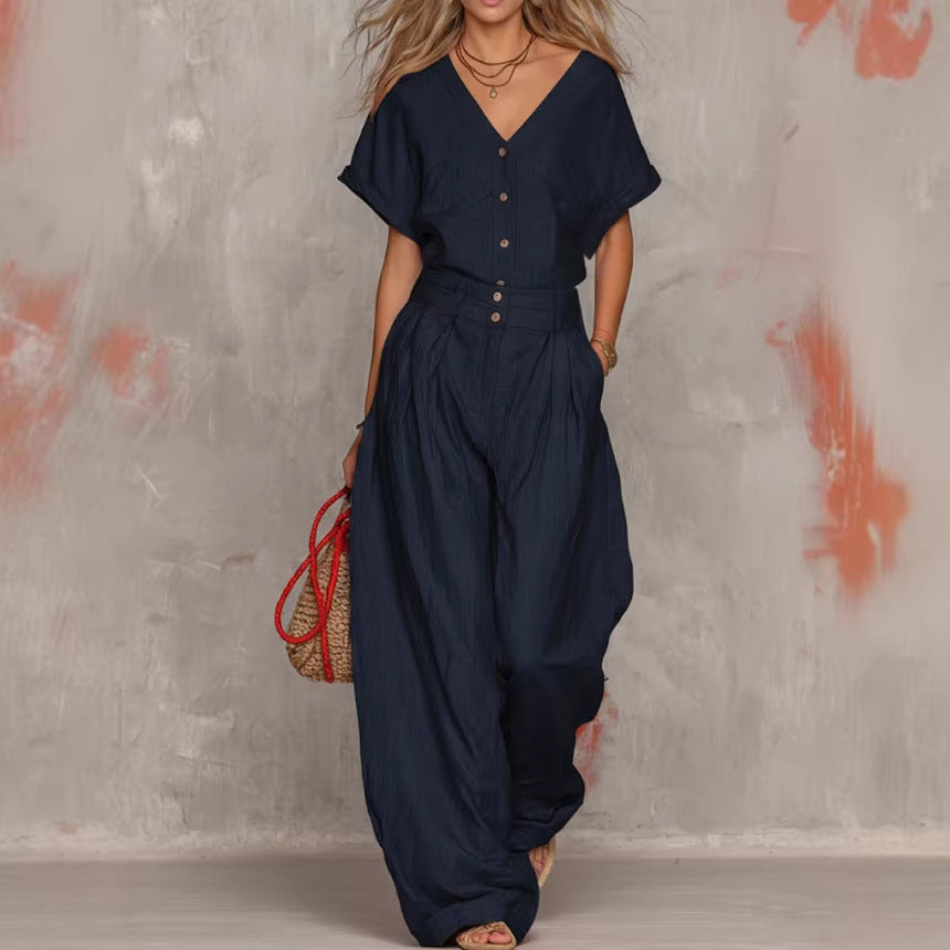 Elegant V-Neck Button-Up Jumpsuit Set with Wide-Leg Pants