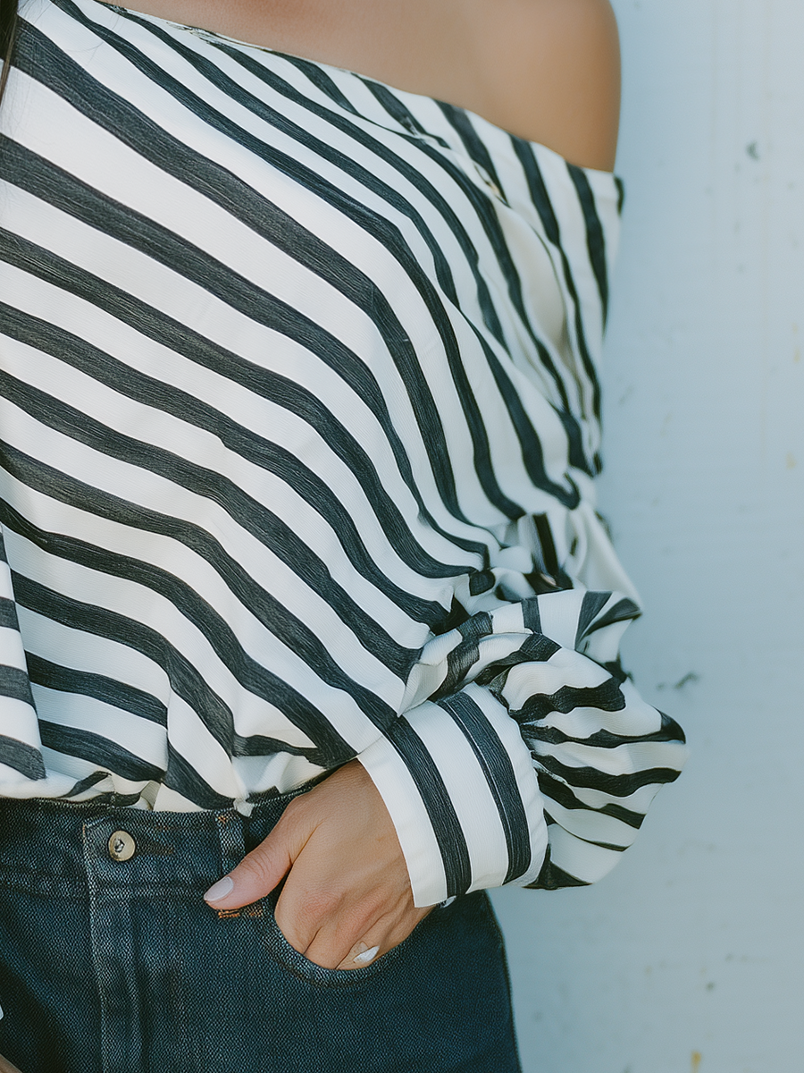 Chic Black White Off Shoulder Striped Blouse