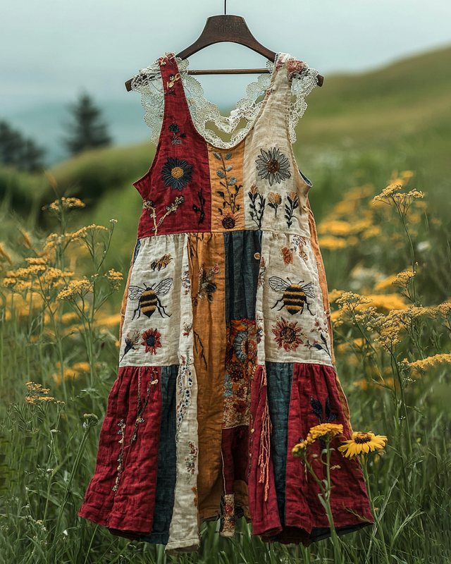 Summer Floral Bee Patchwork Embroidered Dress f5d9