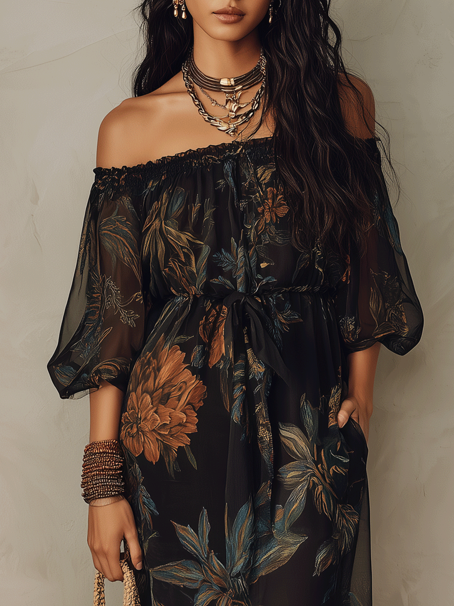Effortless Coastal Elegance Dark Floral Sheer Overlay Maxi Dress