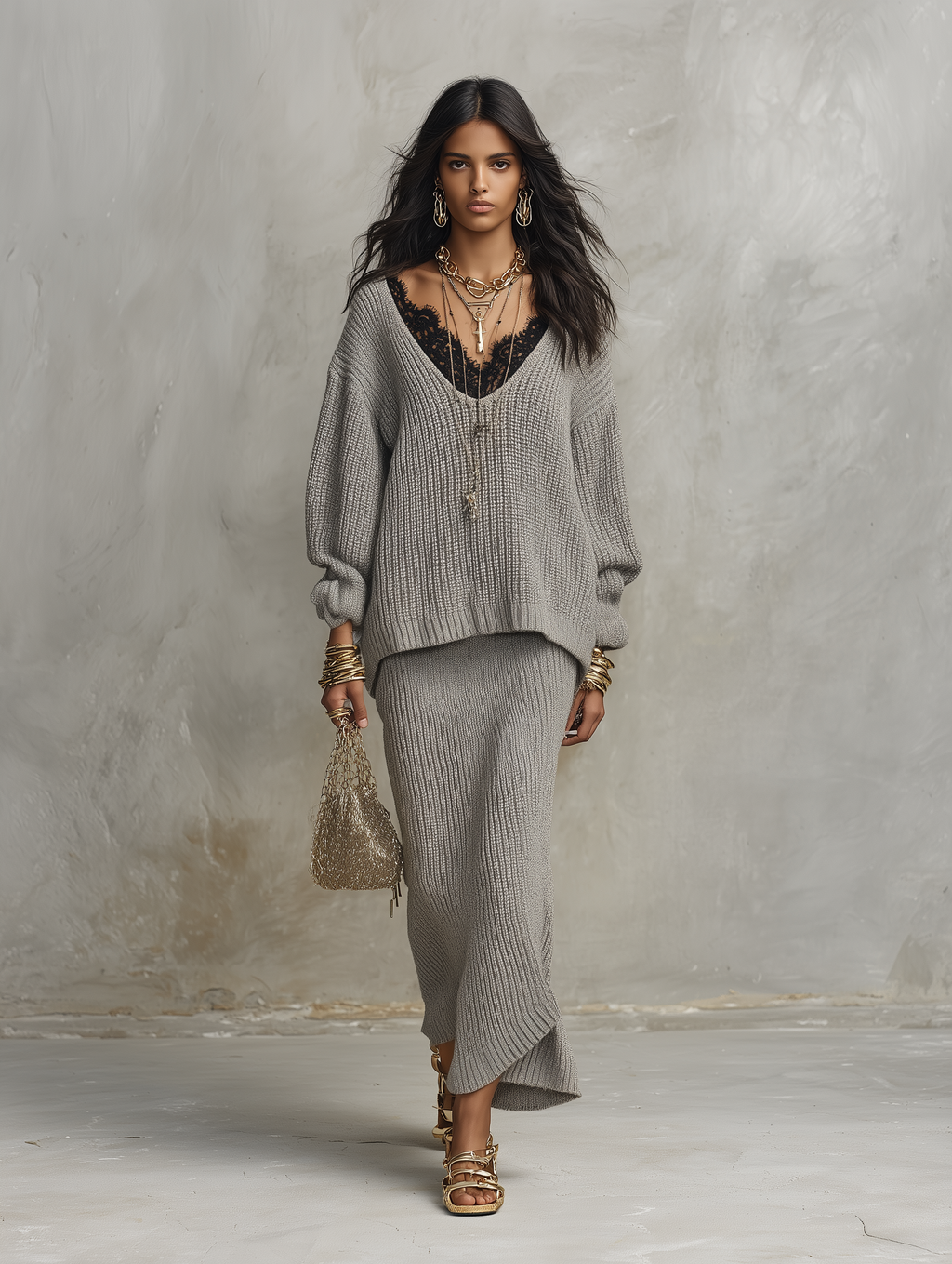 Cozy Boho Sweater-Knit High-Waist Bodycon Light Grey Maxi Skirt