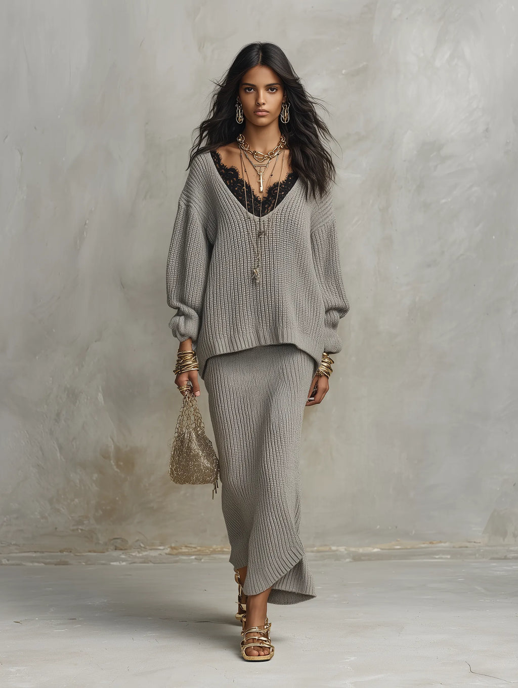 Cozy Boho Sweater-Knit High-Waist Bodycon Light Grey Maxi Skirt