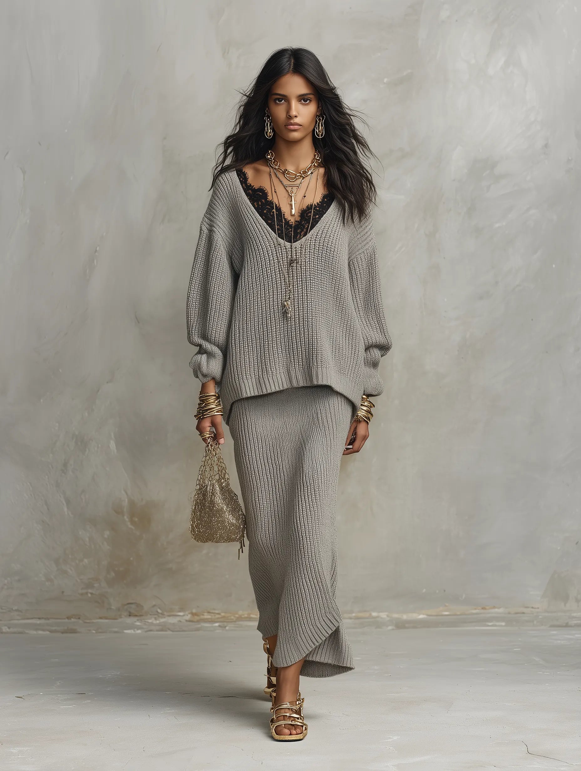 Effortless Chic Ribbed-Knit Lace-Trim Deep-V Grey Oversized Sweater