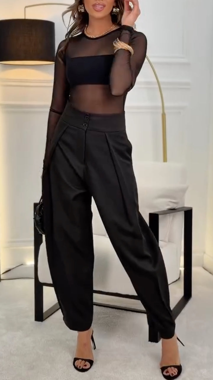 Black Sheer Mesh Long Sleeve Top & High Waist Tapered Pants Set