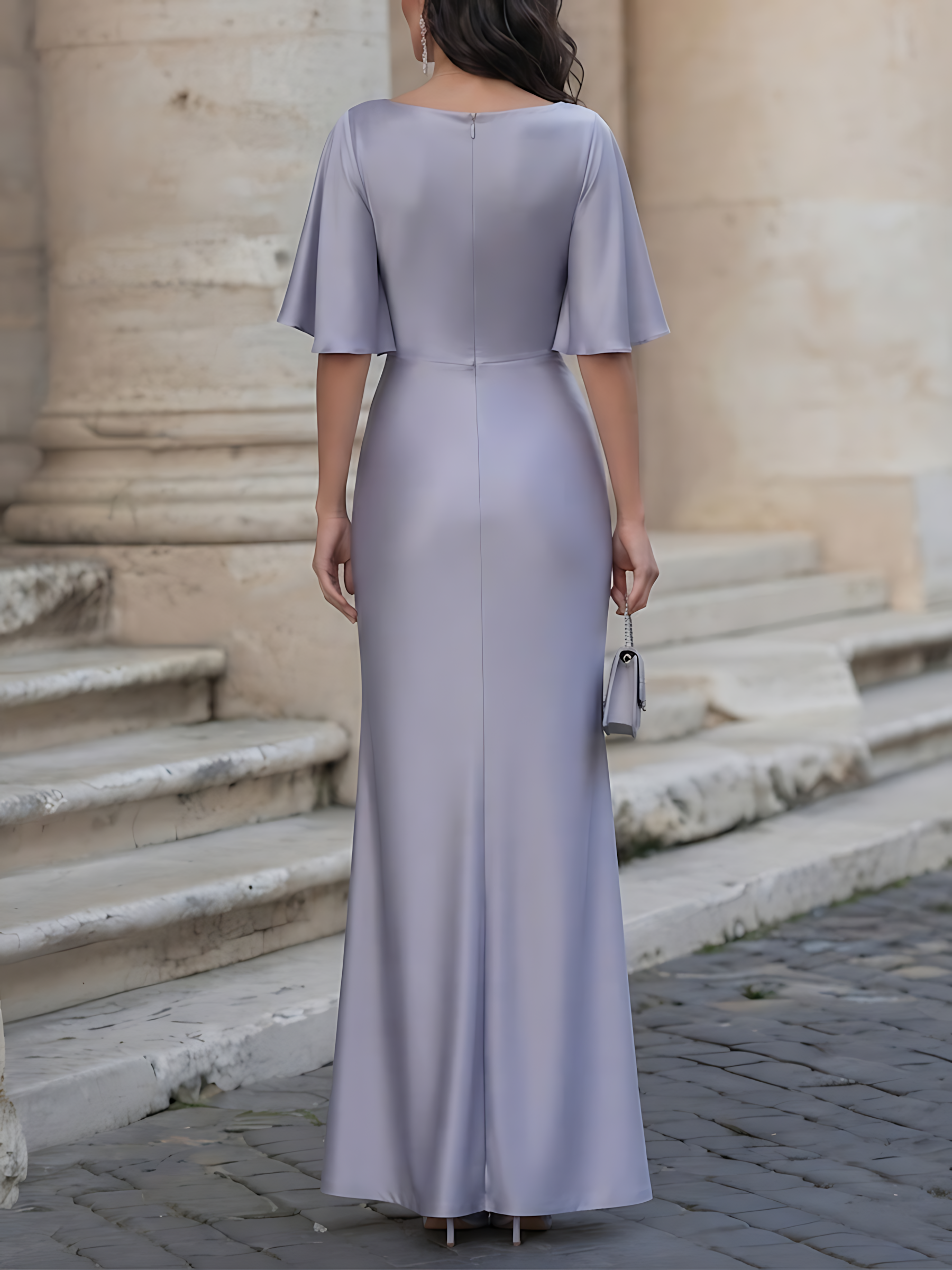 V-Neck Flutter-Sleeve Ruched Satin Gown