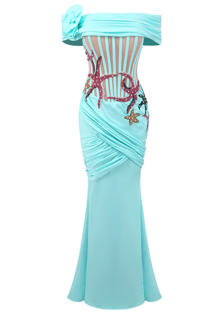 Floral Bardot Crystal Starfish Maxi Dress Turquoise