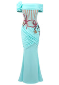 Floral Bardot Crystal Starfish Maxi Dress Turquoise