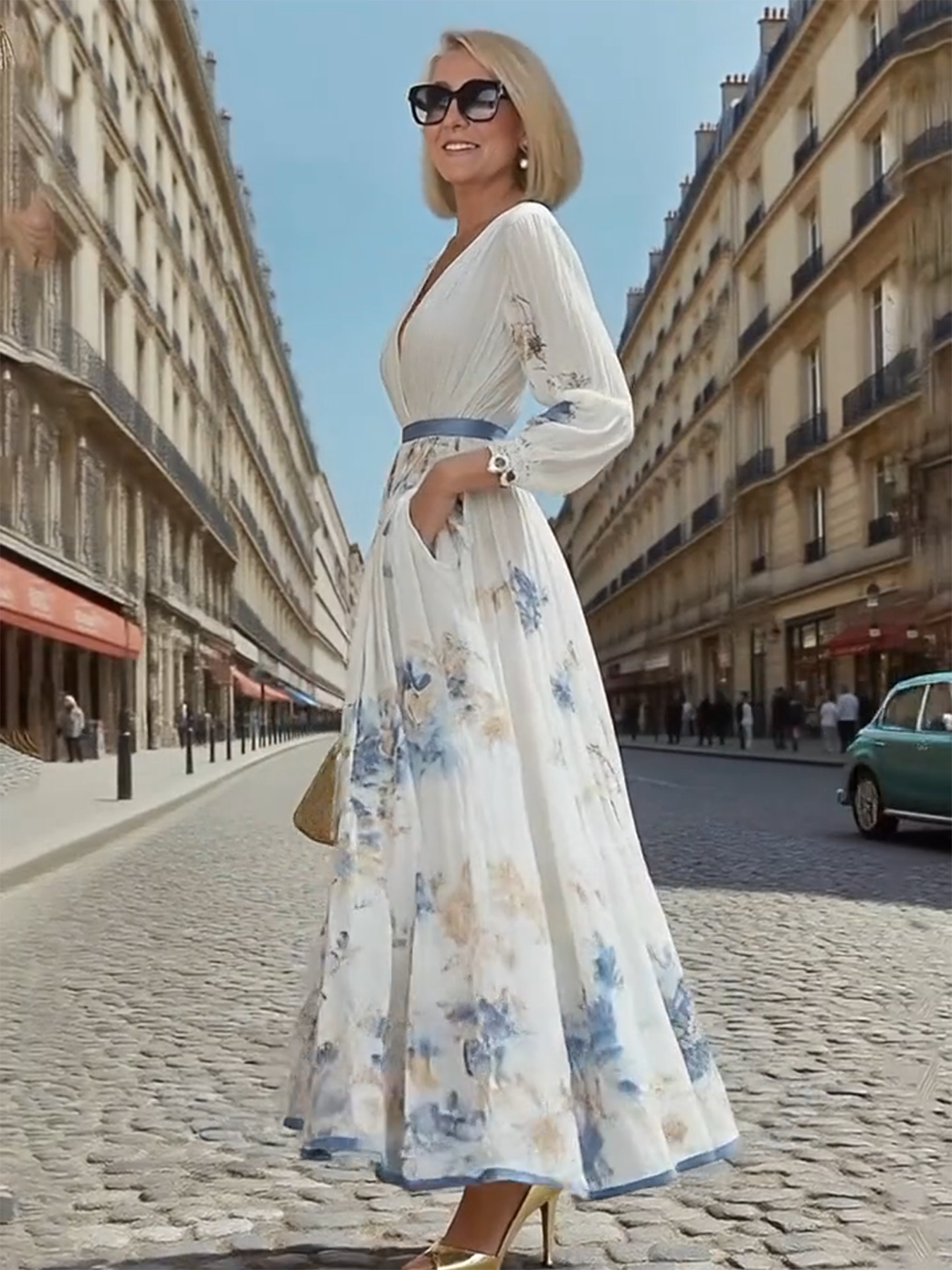 Gala Dress Digital Print V-neck Long Sleeves Pleats, Dress Long Dress