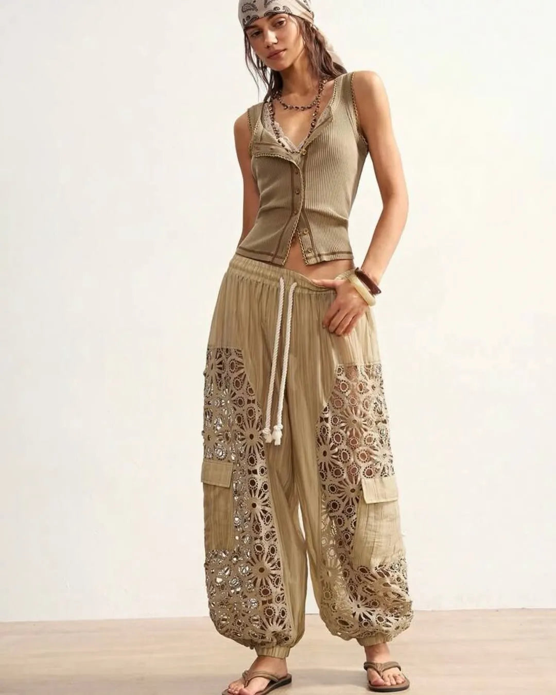 Beige Lace Cutout Drawstring Harem Pants