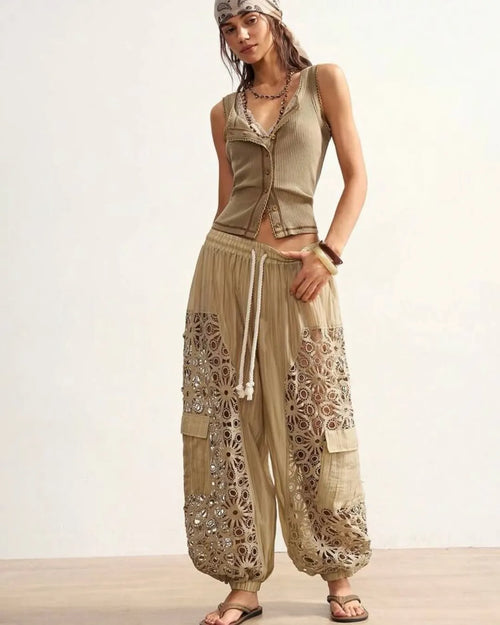 Beige Lace Cutout Drawstring Harem Pants