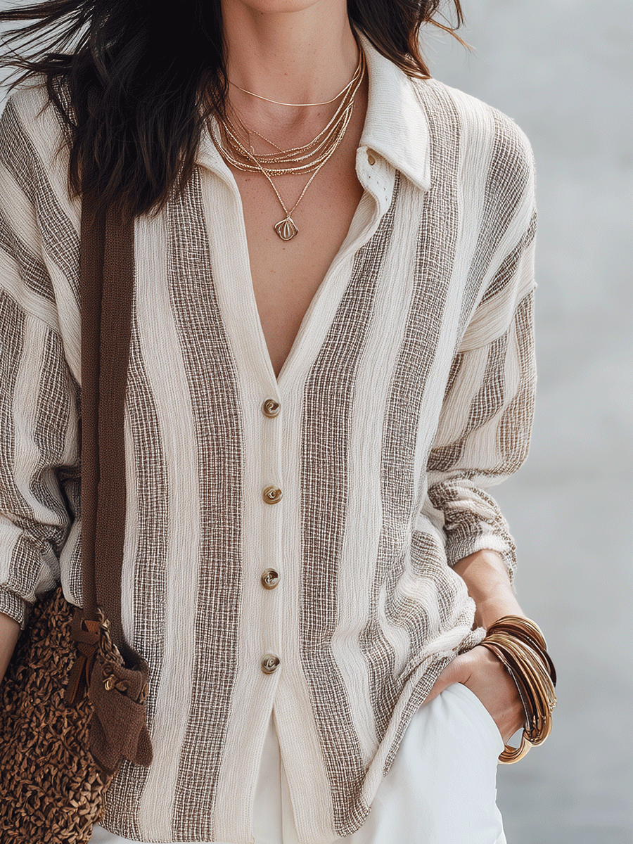 Casual Chic Beige Striped Waffle-Knit Shirt And Short Set