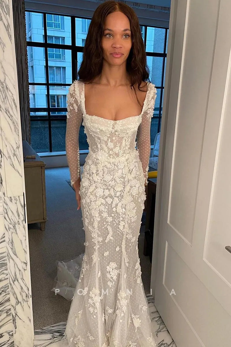 P3076 - Romantic Long Sleeves Mermaid Lace Appliques Long Bohemian Wedding Dress