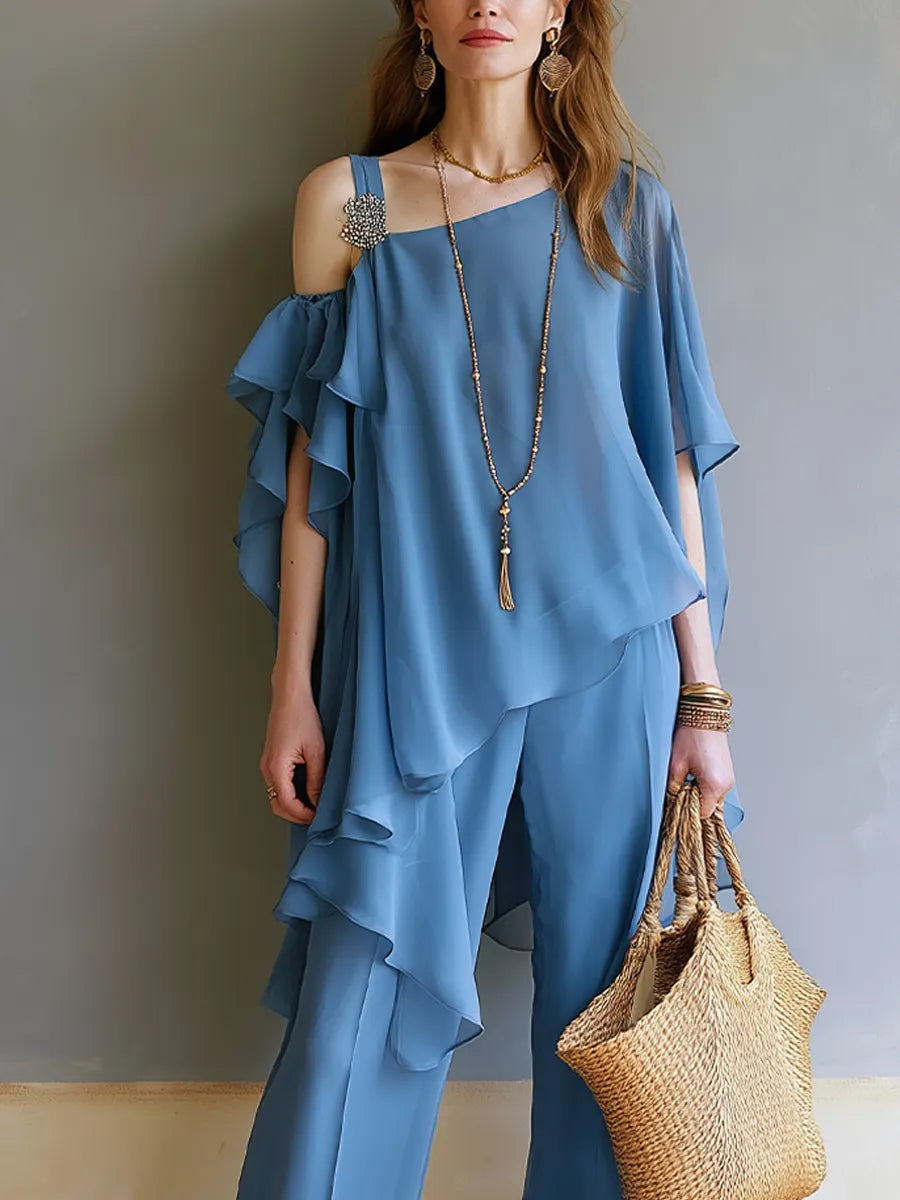 Bohemian Gray-blue Layered Ruffled Trouser Suit