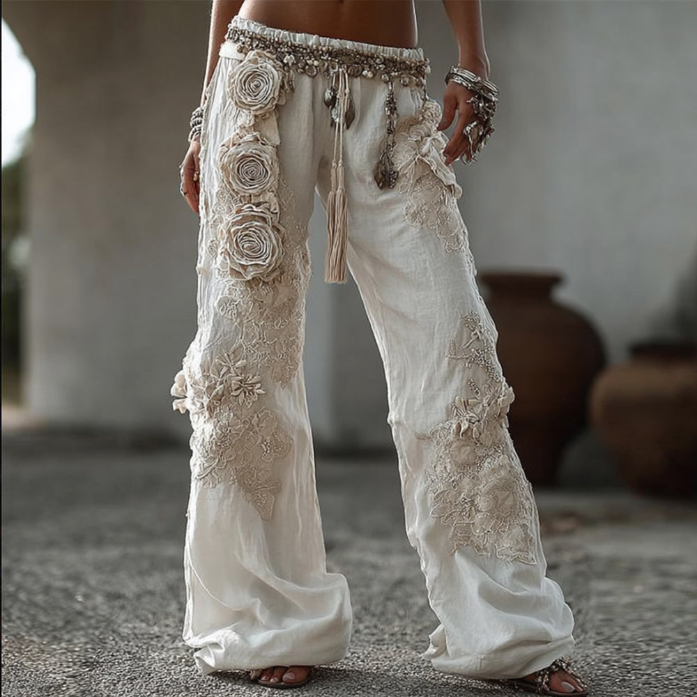 Women's Vintage White Rose-print White Long Pants